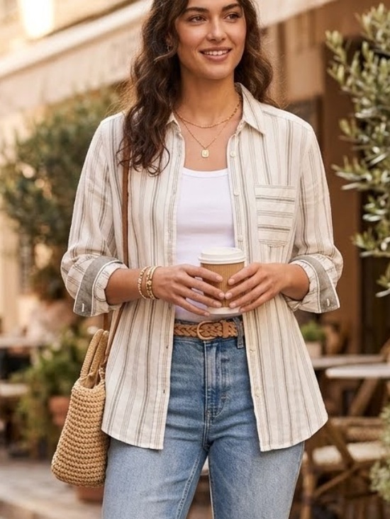 Liz Claiborne Tops - Liz Claiborne Linen/Cotton White Striped Button-Down Shirt Oversized Small